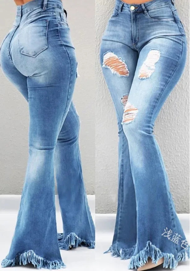 Jeans Strappati Distressed Flare Da Donna Vita Alta In Denim Lavato Candeggiato Con Tasche Estate 2024