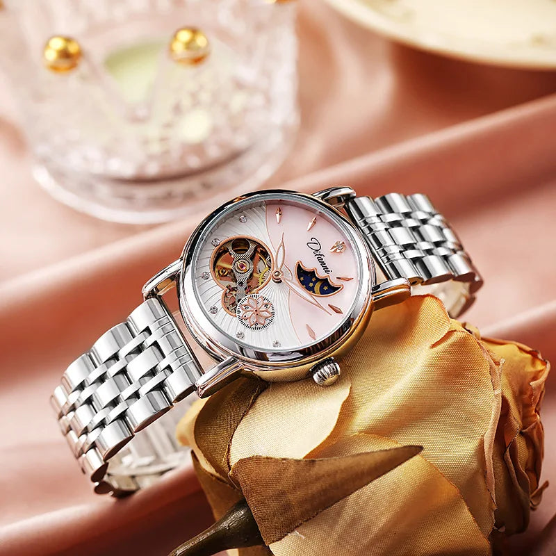 Orologio Da Donna Automatico Impermeabile Con Fasi Lunari E Fiori Girevoli Lusso Di Marca Pregiata