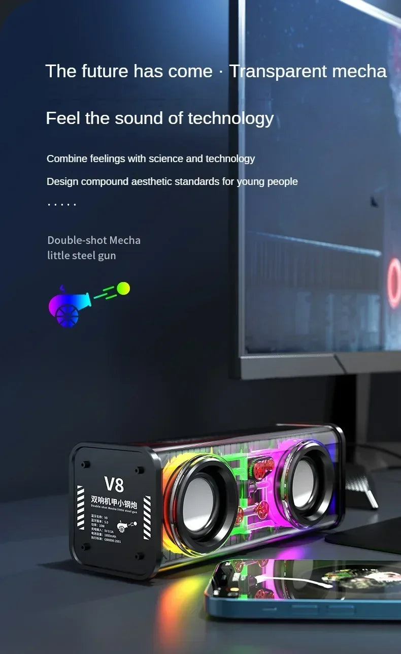 Altoparlante Bluetooth TWS V8 Mecha Trasparente Con Luce RGB Suono Potente Bass Subwoofer Per Feste In Casa