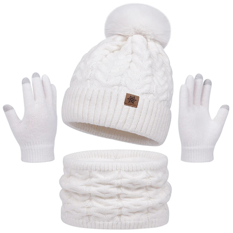 Set Cappello Invernale Donna Sciarpa Guanti Con Pompon Pelo Lavorato A Maglia Per Ragazze Adolescenti