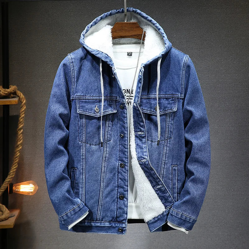 Giacca Jeans Uomo Invernale Termica Spessa Con Cappuccio In Pile Denim Casual Fit Trend