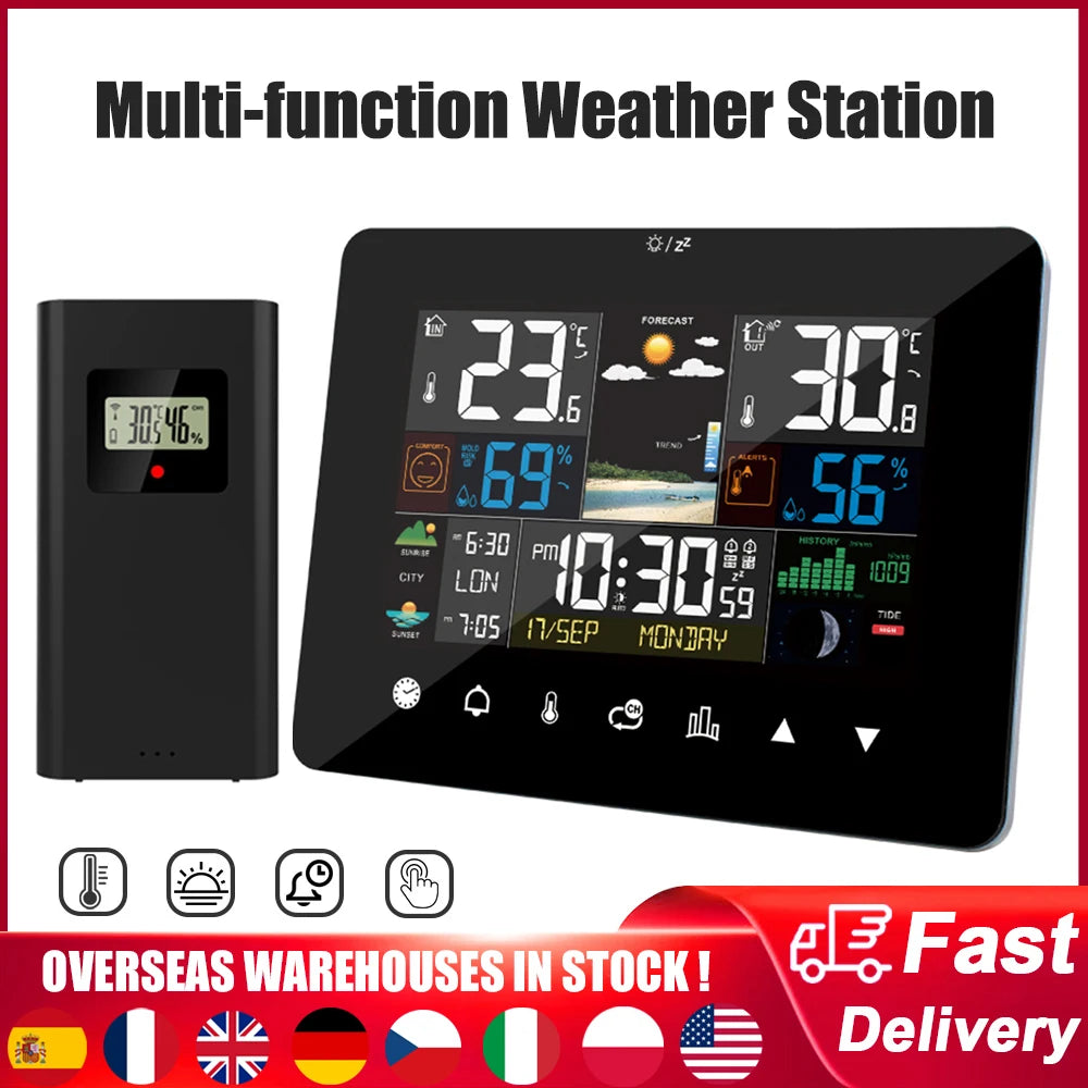 Stazione Meteorologica Multifunzionale Con Sveglia Termometro Igrometro Digitale Schermo Tattile Esterno Wireless