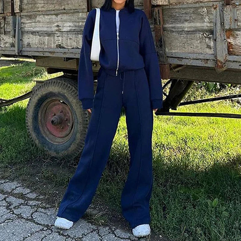 Set Di Tute Da Donna Casual Cardigan Corto Allentato Con Cerniera E Pantaloni Sportivi Con Coulisse Streetwear