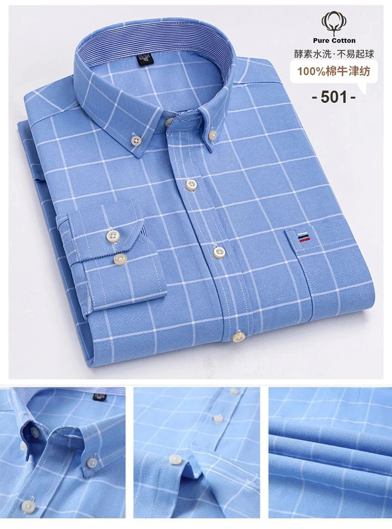 Camicia Da Uomo In Cotone Oxford A Quadri Maniche Lunghe Vestibilità Regolare Con Tasca Frontale