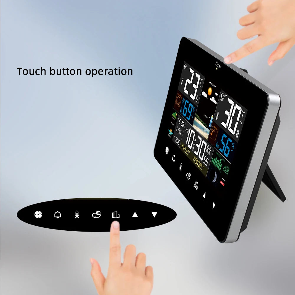 Stazione Meteo Multifunzionale Sveglia Touch Screen Termometro Igrometro Con Sensore Wireless Alba Tramonto Igrotermografo