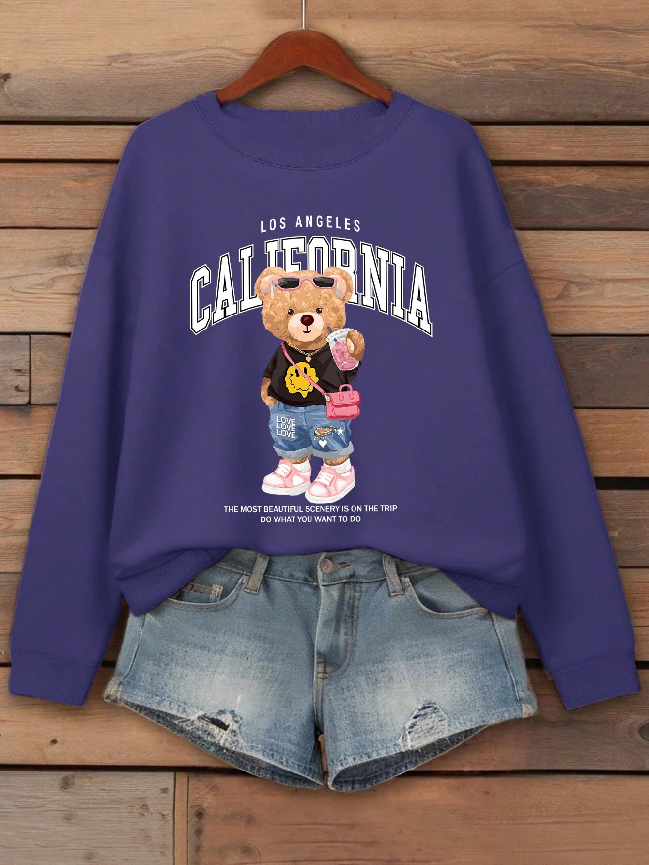 Orsetto Bere Tè Al Latte Stampato Pullover Da Donna Con Collo A O Felpa In Pile Streetwear Autunno