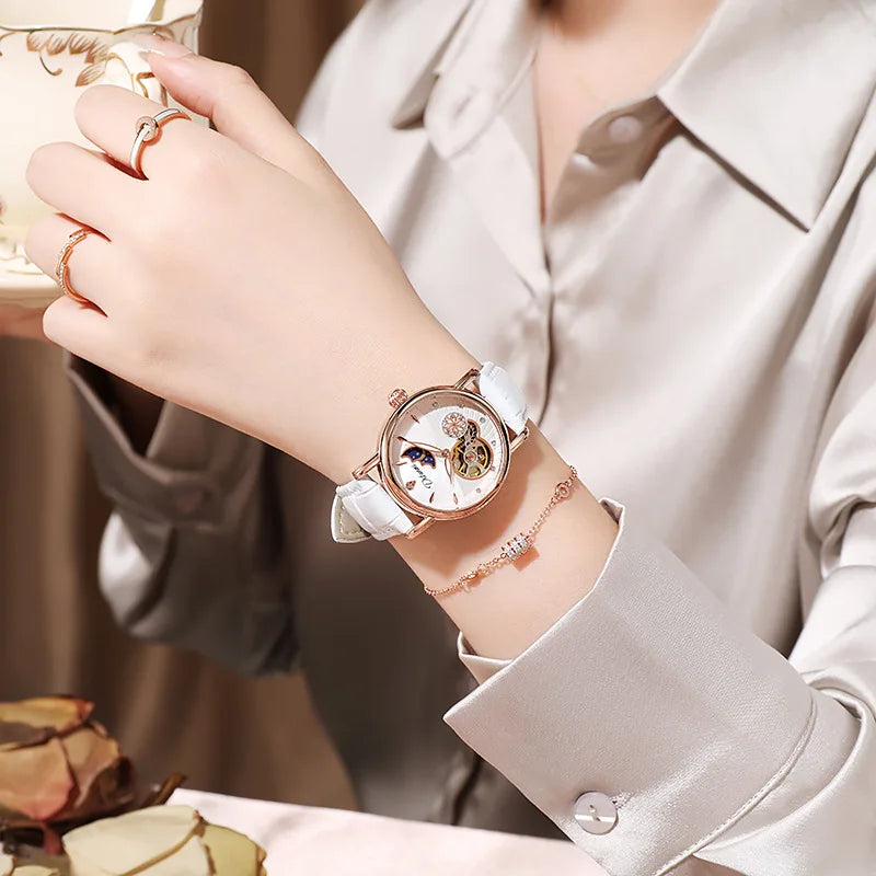 Orologio Da Donna Automatico Impermeabile Con Fasi Lunari E Fiori Girevoli Lusso Di Marca Pregiata