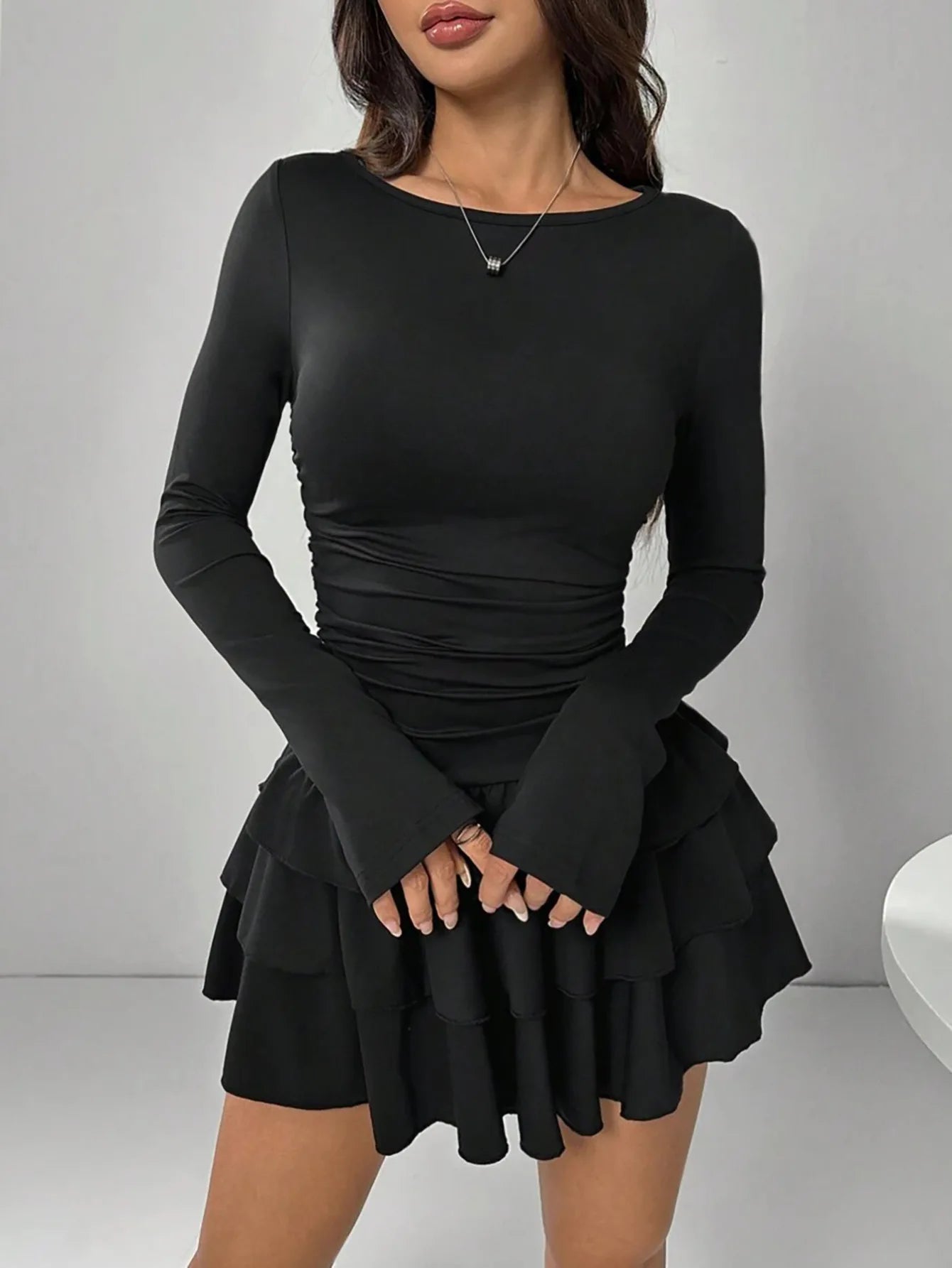 Abito Da Donna Slim Fit Autunno Inverno Midi Vita Alta Empire Tinta Unita Con Increspature E Maniche Svasate