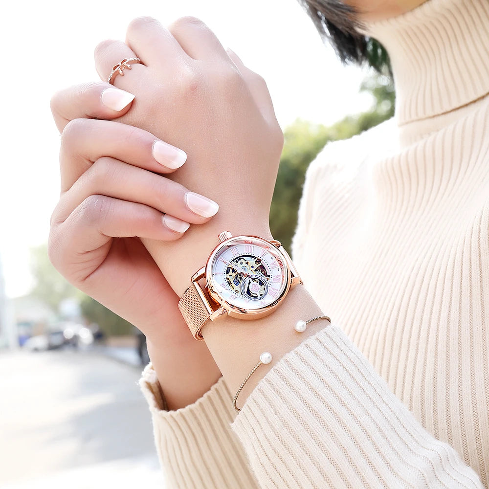 Orologio Meccanico Automatico Da Donna Orkina Classico Scheletrato Lusso Cinturino In Acciaio Inossidabile E Pelle