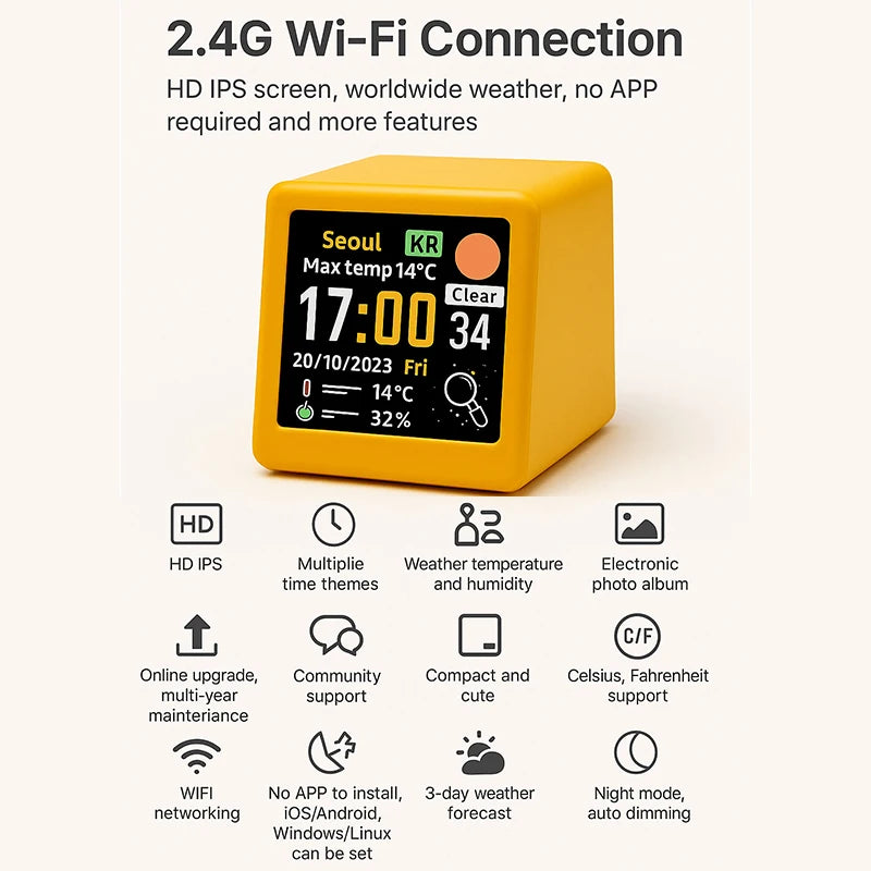 Orologio Stazione Meteo WiFi Ultra Intelligente GeekMagic Decorazione Letto Ora Dati Album Fotografico Gif Animazione