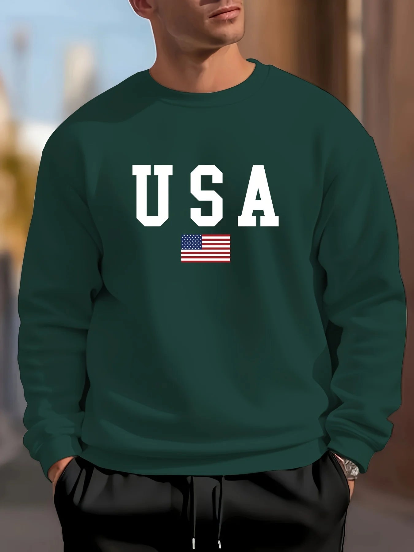 Felpa Uomo Autunno Inverno Casual Allentata Stampa Bandiera Americana USA Girocollo Maniche Lunghe