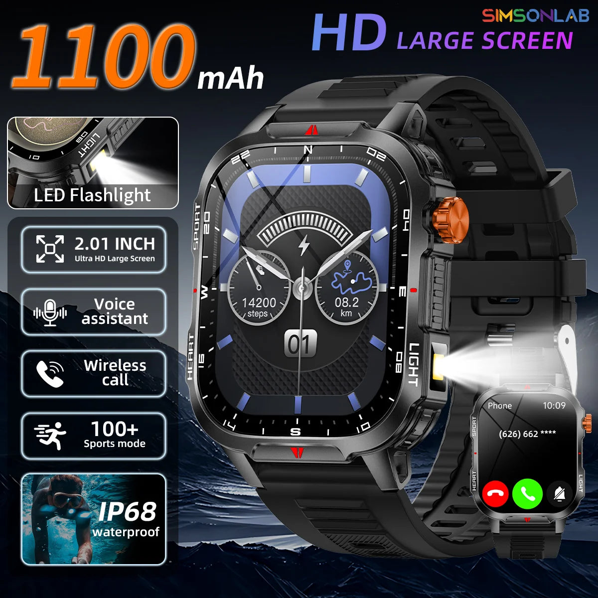 Smartwatch Con Assistente Vocale Schermo HD 2.01 Pollici Chiamata Bluetooth Impermeabile 1100mAh Bussola Esterno