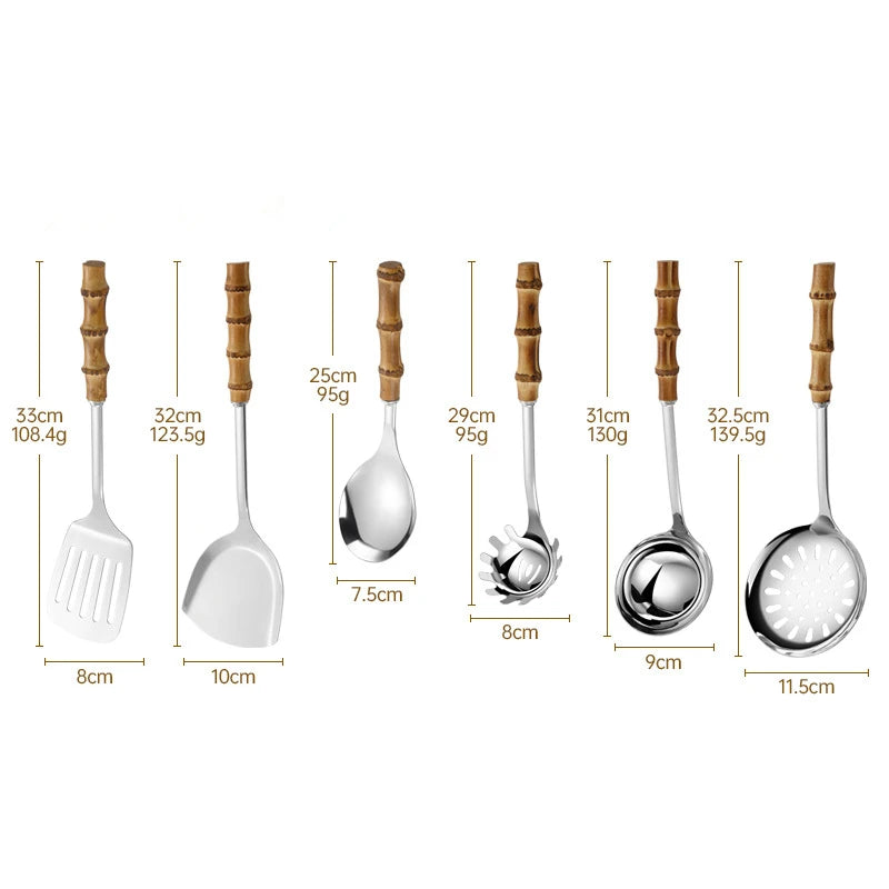 Pala Frittura In Acciaio Inossidabile Con Manico In Bambù Naturale E Cucchiaio Zuppa Giapponese Set Utensili Cucina