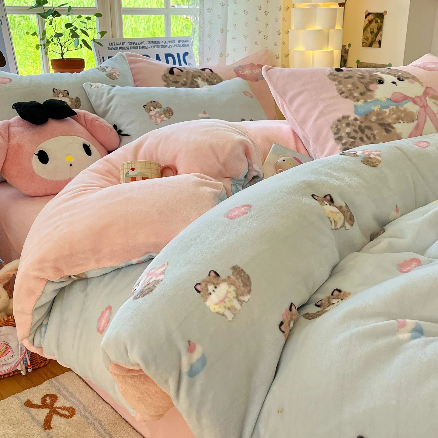Set Biancheria Da Letto 4 Pezzi In Pile Latte Stampato Invernale Duvet Copripiumino Stile Semplice Accogliente GSM 130