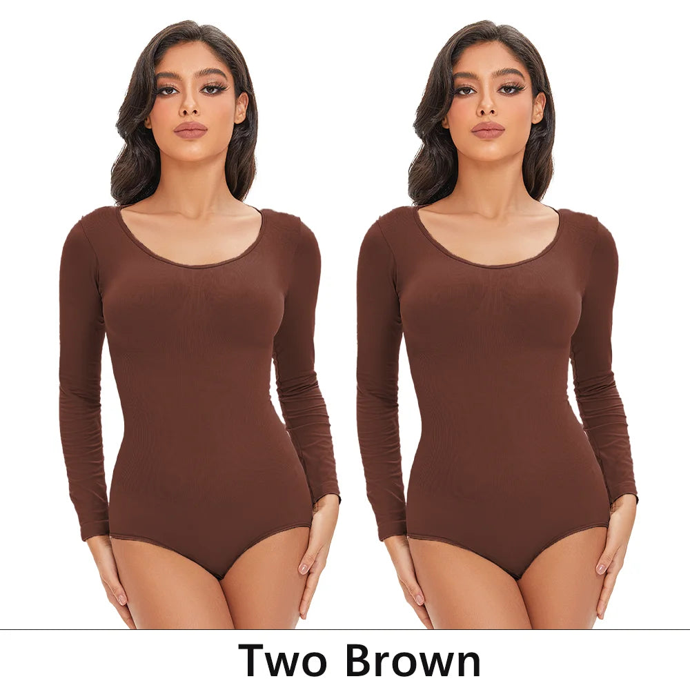 Pokarla Body Suit Spandex Elastico Shapewear Donna Controllo Pancia Manica Lunga Cavallo Aperto Girocollo Shaper