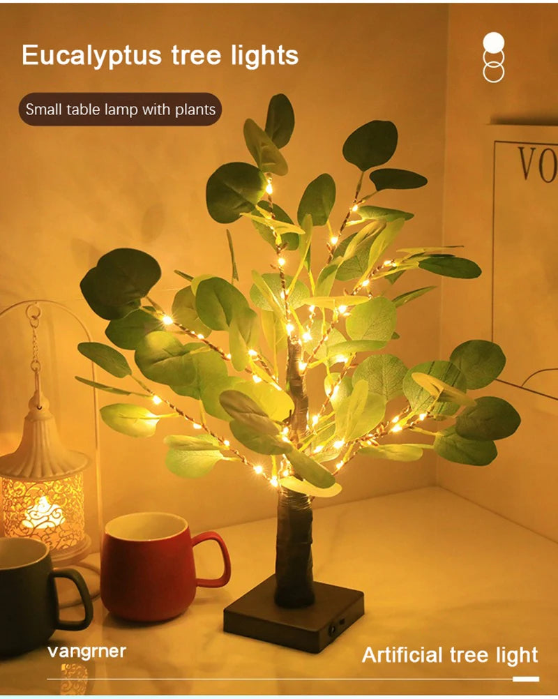 Lampada Da Tavolo A LED Per Albero Eucalipto Artificiale 55 Cm Con USB Per Camera Da Letto Decorazione Scrivania