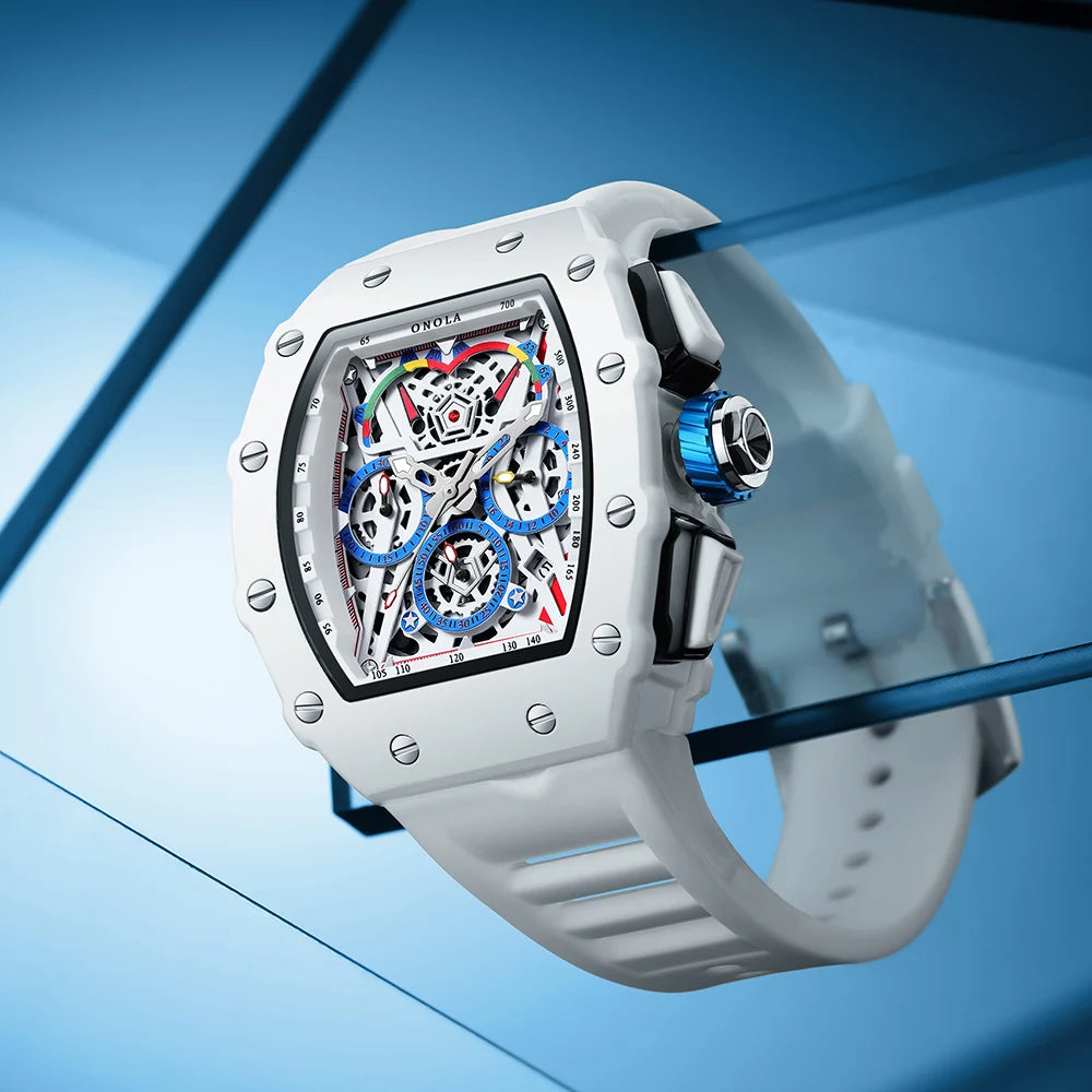 Orologio Da Uomo Di Lusso Onola Moda Casual Cinturino In Silicone Multifunzione Quarzo Impermeabile Bianco