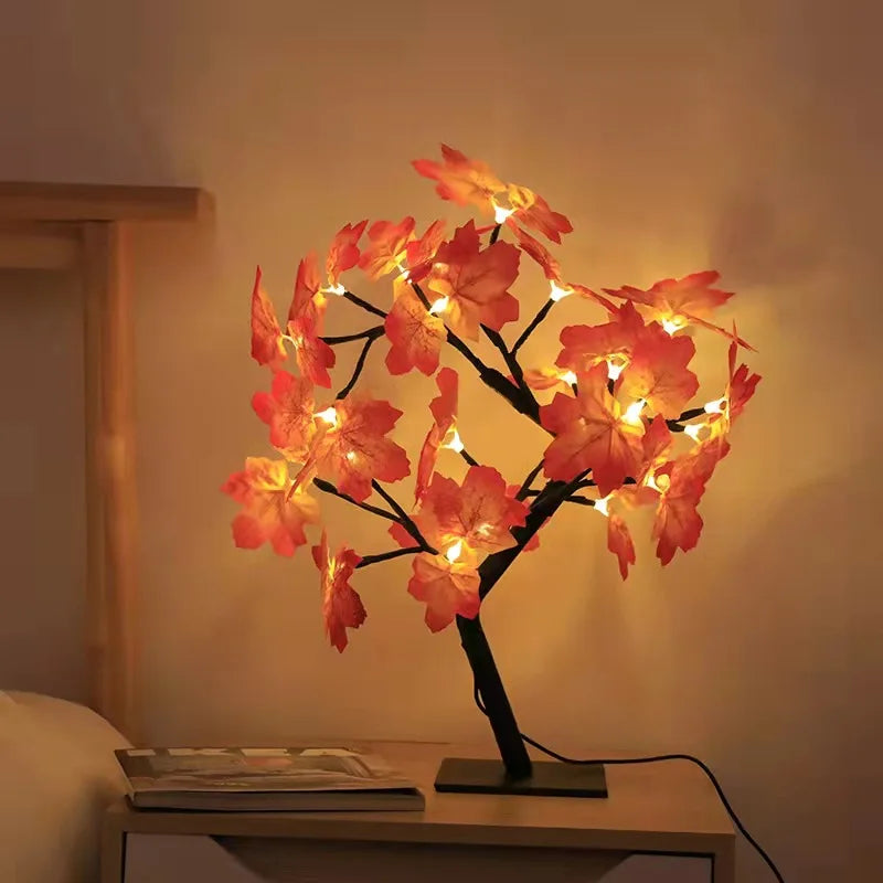 Lampada Albero Fatato Da Tavolo A LED Con 24 Luci Rosa E Foglie Di Acero Decorazione Romantica USB Per Nozze Halloween