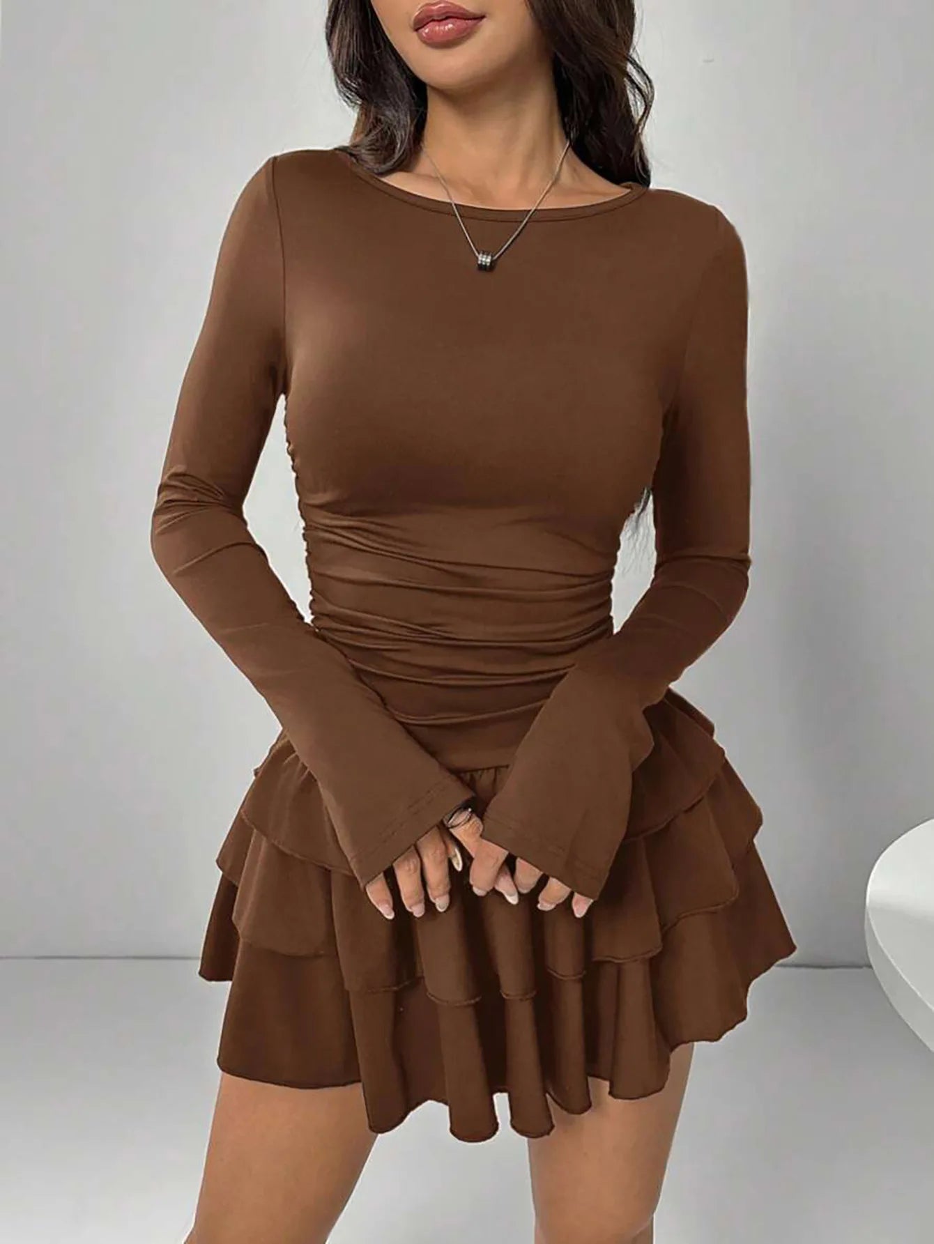 Abito Da Donna Slim Fit Autunno Inverno Midi Vita Alta Empire Tinta Unita Con Increspature E Maniche Svasate