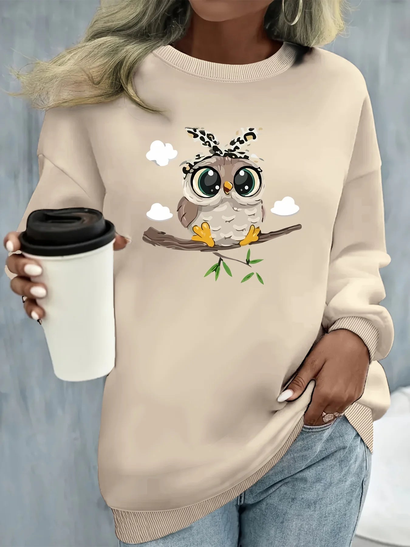 Pullover da Donna Autunno Inverno Casual Ampio con Motivo Gatto Caldo Stampato Girocollo a Maniche Lunghe