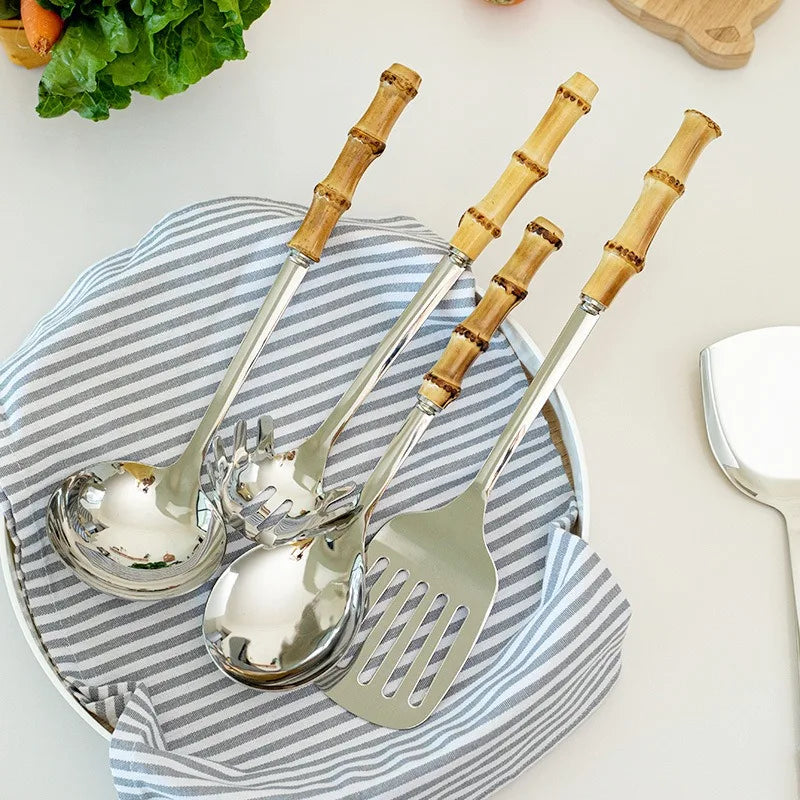 Pala Frittura In Acciaio Inossidabile Con Manico In Bambù Naturale E Cucchiaio Zuppa Giapponese Set Utensili Cucina