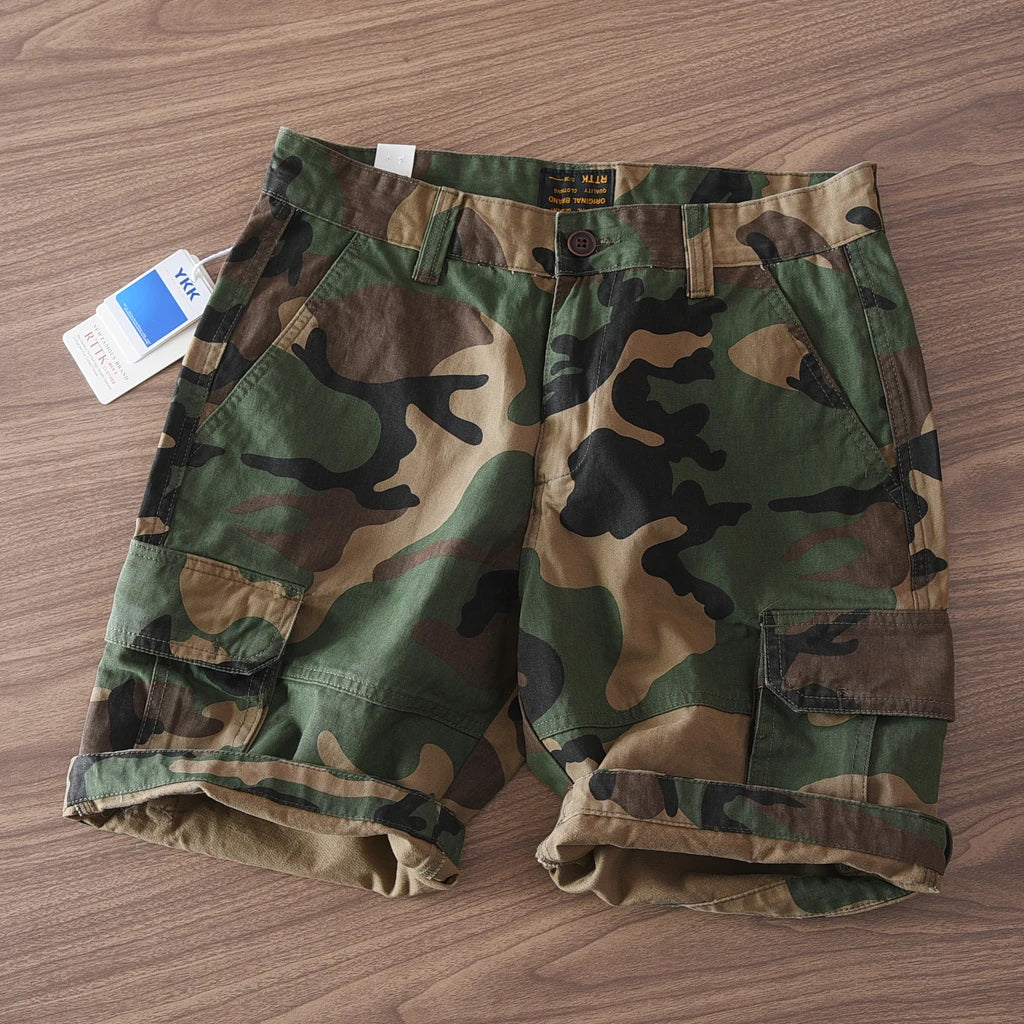 Estate New American Retro Camouflage Cargo Shorts Da Uomo In Cotone Lavato Con Multi Tasche