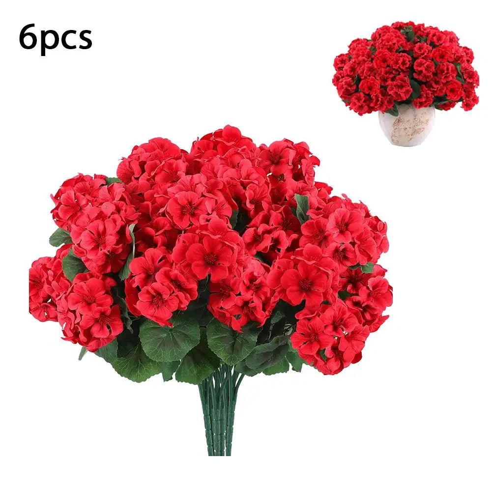 Gerani Artificiali UV Resistente 6 Pezzi Rosso Fiori di Seta per Esterno in Vaso e Centrotavola
