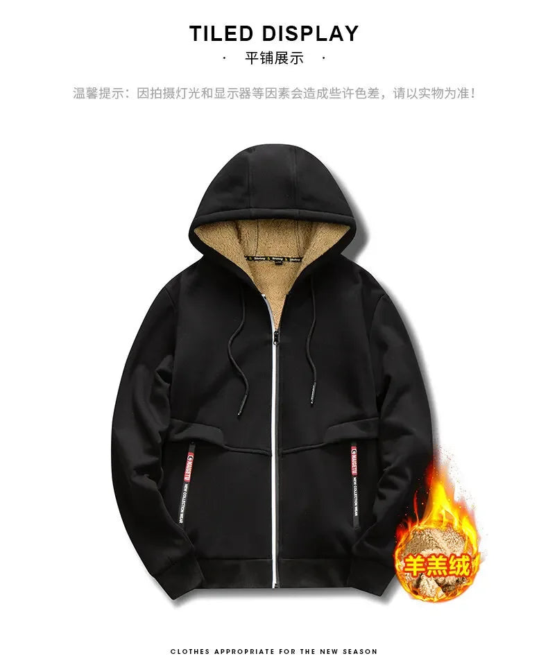 Felpa con Cappuccio Calda da Uomo con Fodera in Pile di Agnello Spessa Zip Antivento Abbigliamento Sportivo Casual