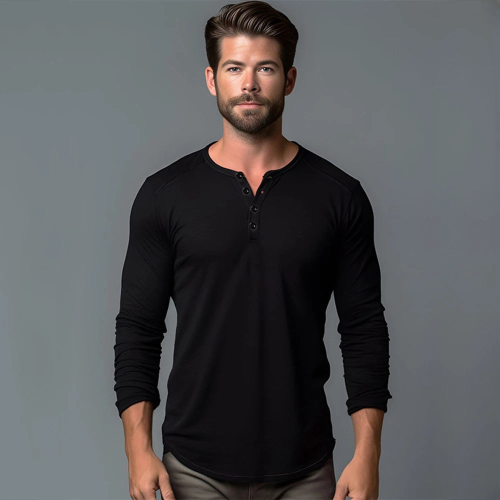 Maglietta Da Uomo A Maniche Lunghe In Cotone Slim Fit Con Bottoni E Collo Casual Accogliente