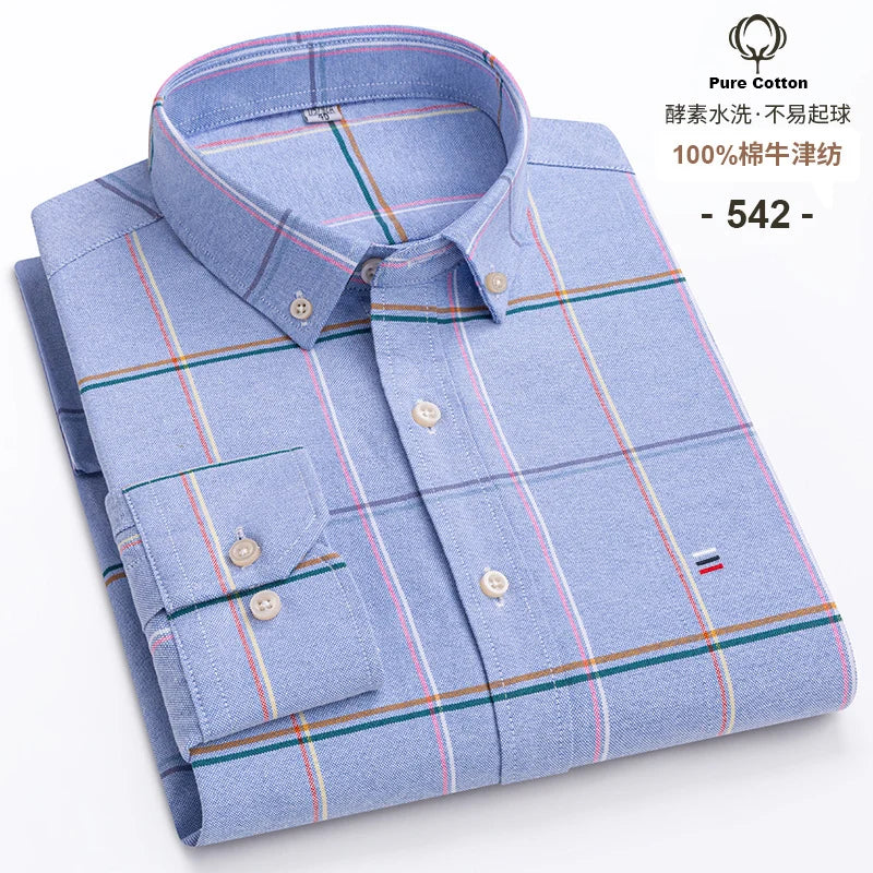 Camicia Da Uomo In Cotone Oxford A Quadri Maniche Lunghe Vestibilità Regolare Con Tasca Frontale