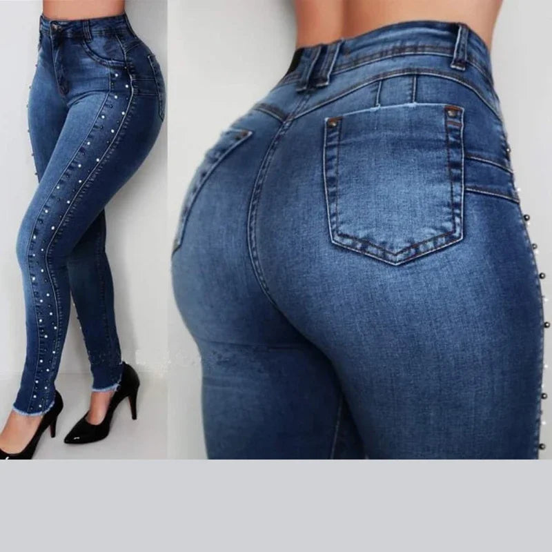 Jeans Donna Vita Alta Slim Skinny Denim Elastico Blu Vintage Con Perline Push Up Pencil