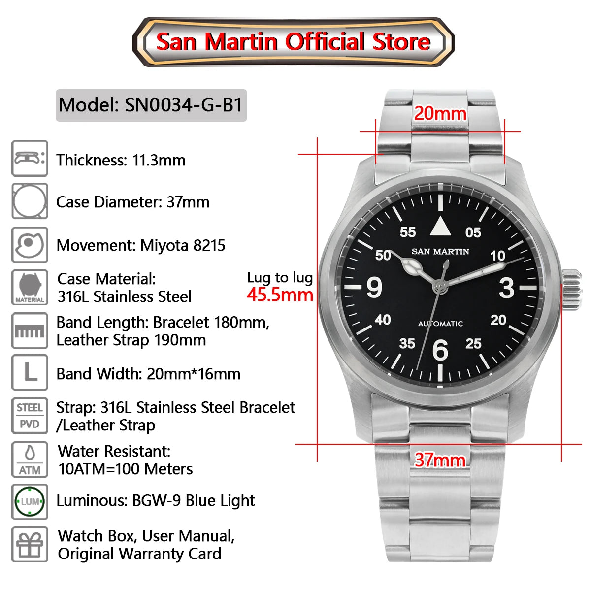 Orologio Da Pilota Da Uomo San Martin 37mm Meccanico Automatico 100m Impermeabile Stile Militari BGW 9