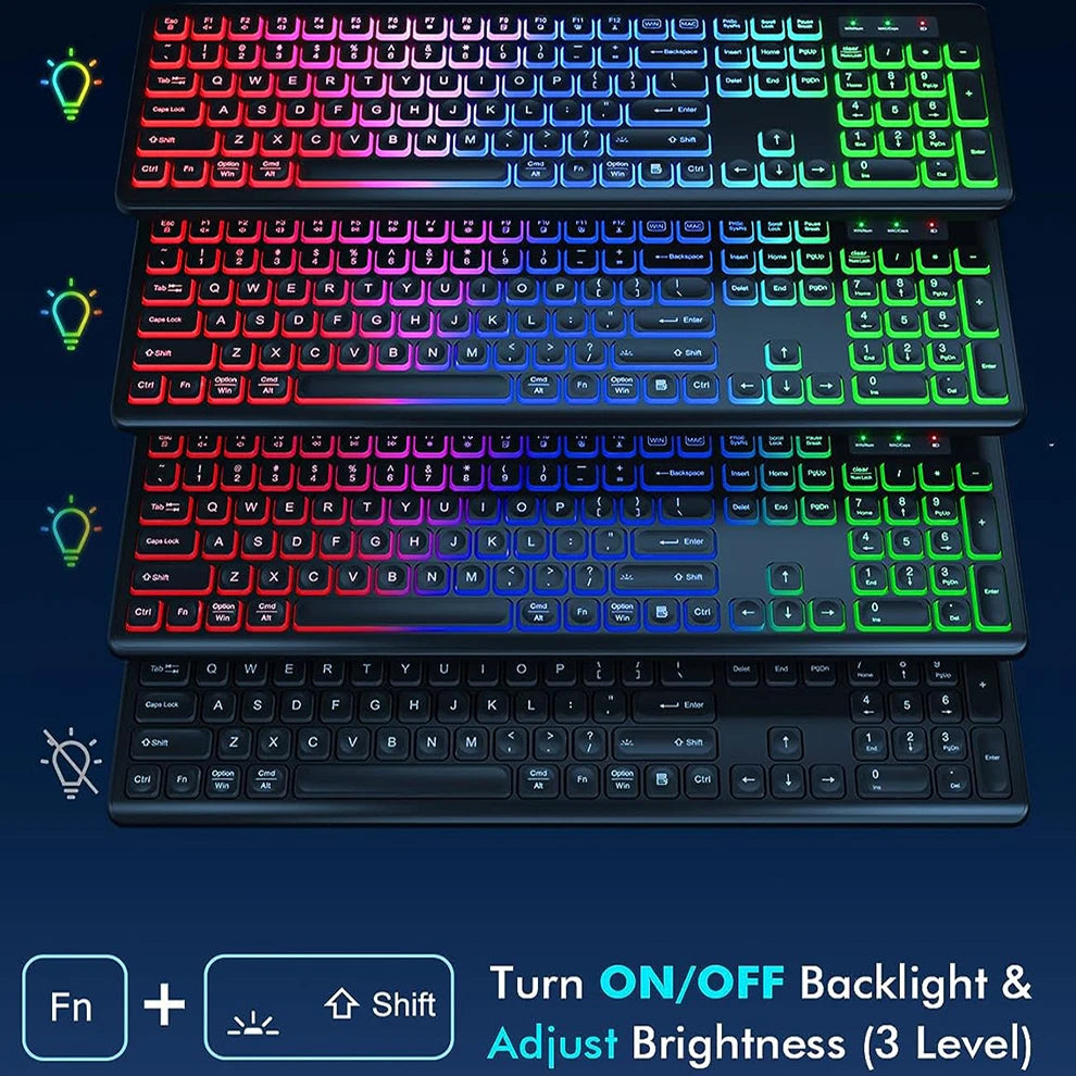 Combinazione Tastiera E Mouse Wireless Retroilluminati Ricaricabili Modalità Sleep 2,4 GHz Tasti Illuminati Ergonomico