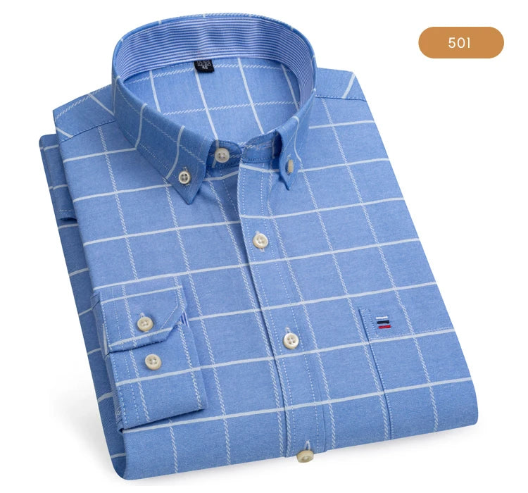 Camicia Da Uomo Oxford Abbottonata Maniche Lunghe In Cotone Al 100 Percento Con Tasca A Quadri Piccoli Stile Casual