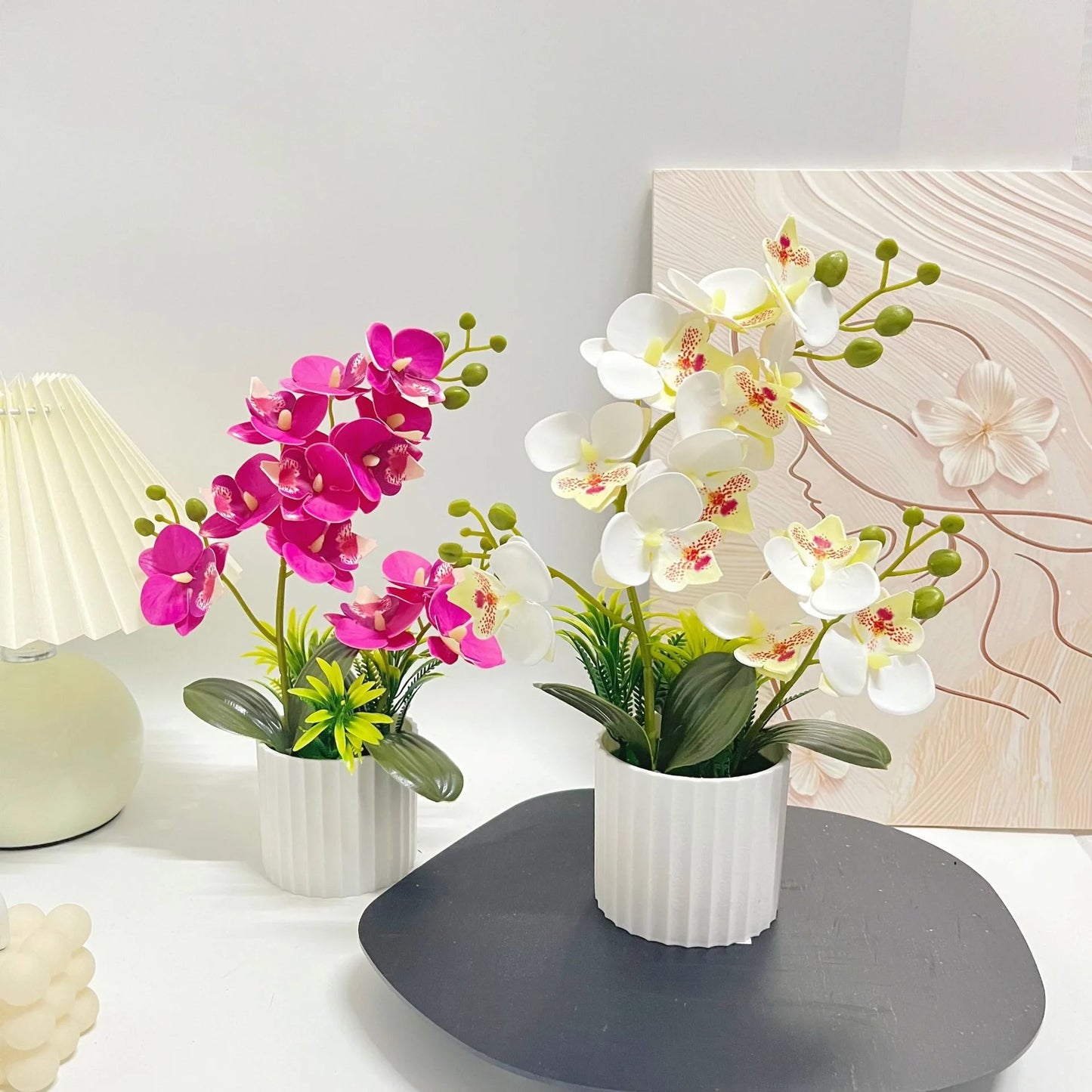 Set Decorazione Nozze con 2 Forchette e 12 Fiori Artificiali Orchidea Farfalla Piante in Vaso con Pellicola Texture