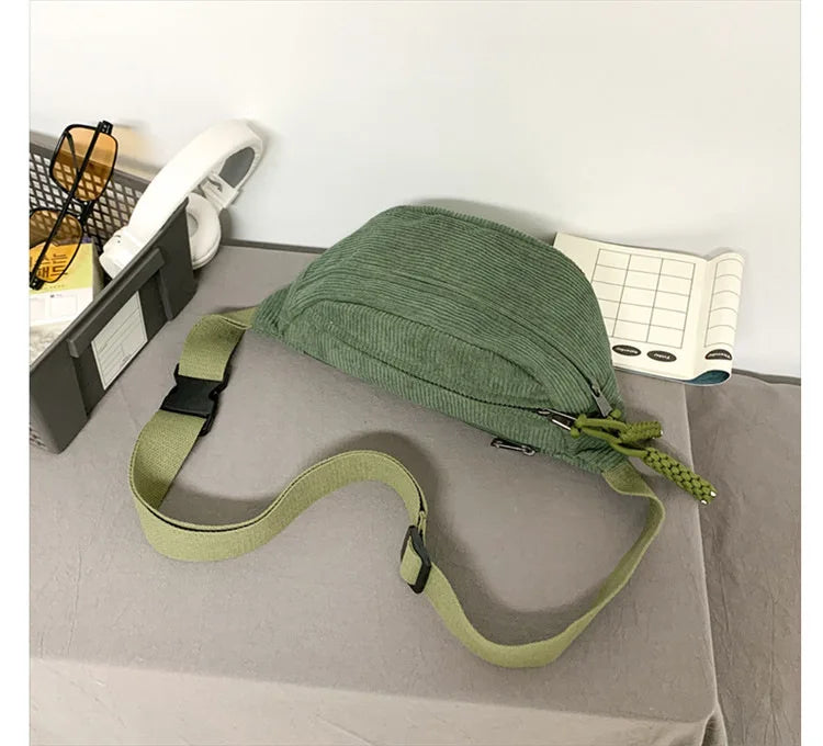 Marsupio da Donna in Velluto a Coste di Grande Capacità Borsa da Petto Stile Street Borsa a Tracolla Cintura Casual
