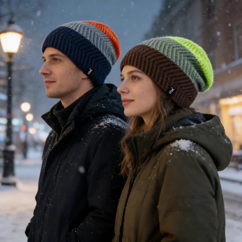 Cappello Cuffia Unisex Con Etichetta JZML Berretto Casual A Strisce Colorate Lavorato A Maglia Invernale