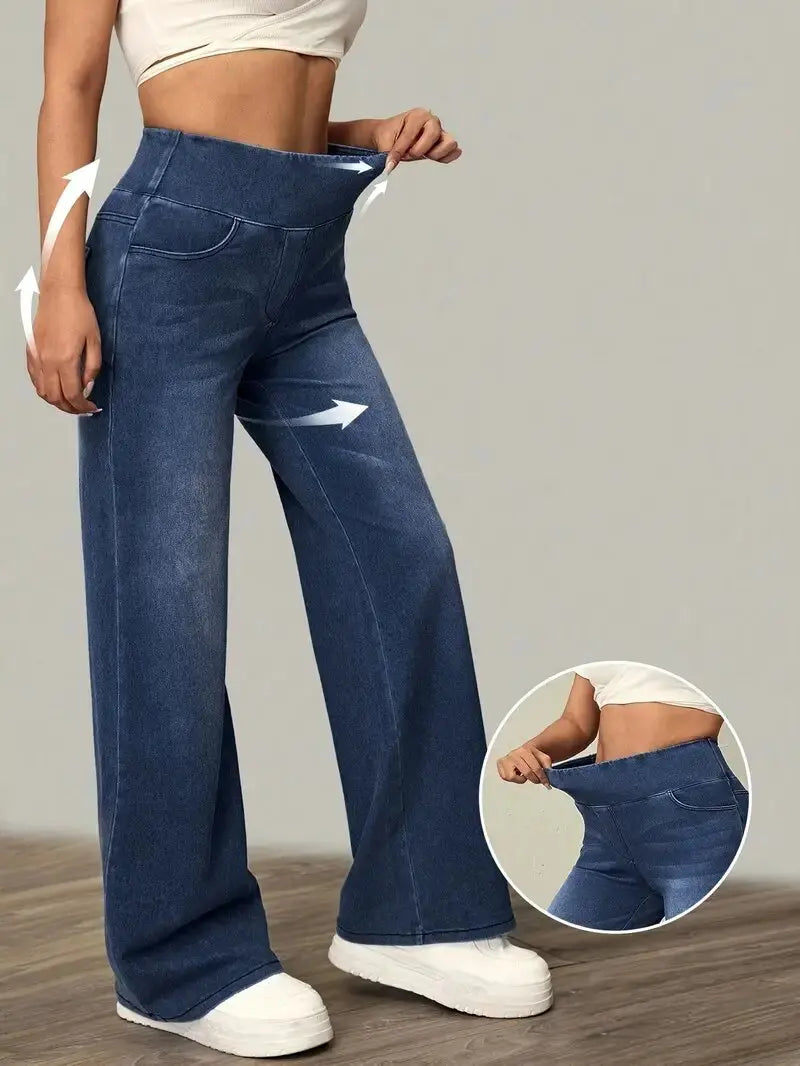Jeans Da Donna Nuovi Pantaloni A Gamba Dritta Larghi Elasticizzati In Vita Elastica Moda Comodi Transfrontalieri