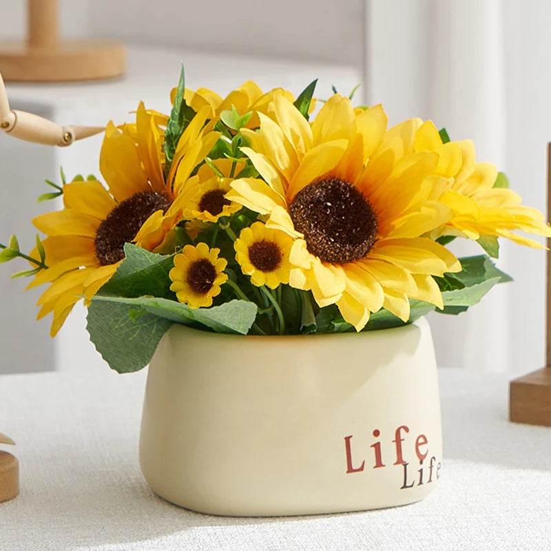 Vaso di Plastica con Fiore di Girasole Artificiale Set Decorazione per Matrimoni e Eventi