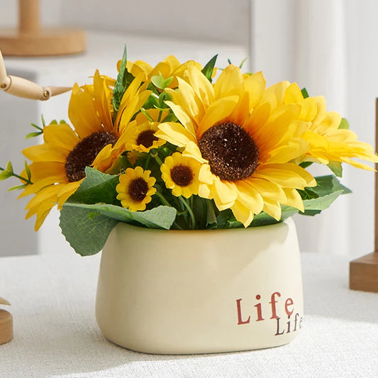 Vaso di Plastica con Fiore di Girasole Artificiale Set Decorazione per Matrimoni e Eventi