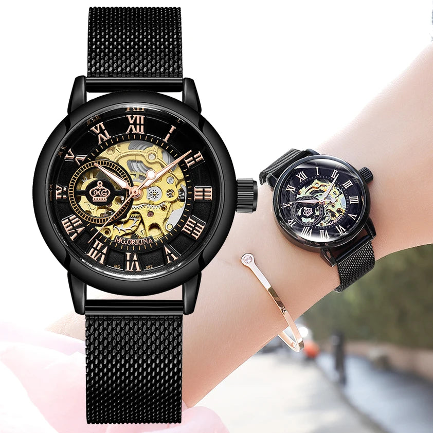 Orologio Automatico Da Donna Orkina Scheletrato Nero Con Cinturino Rete In Acciaio Inossidabile Lusso Per Affari