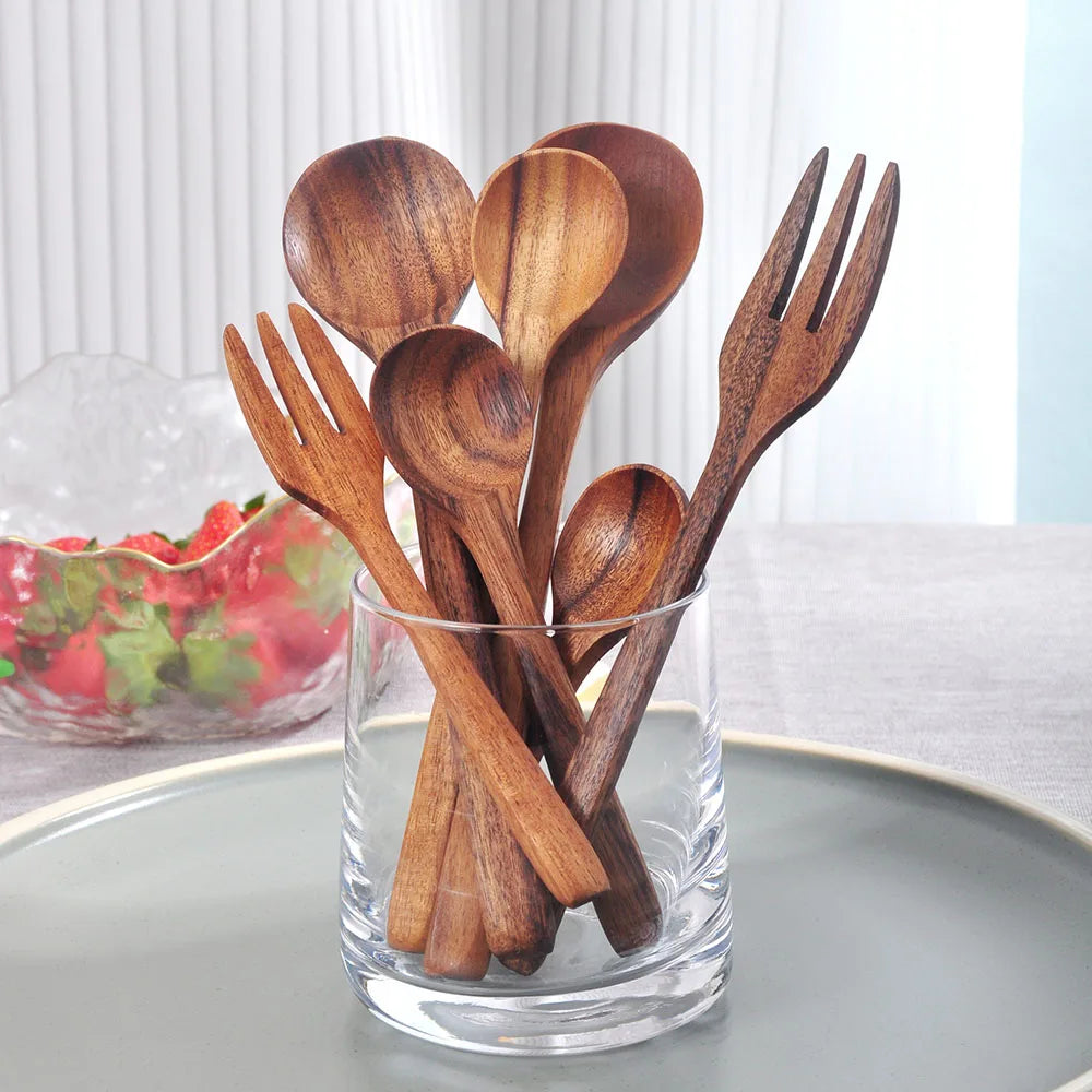 Set Da 7 Pezzi Cucchiai In Legno In Stile Occidentale Utensili Da Cucina Multiuso Per Ramen Insalata Zuppa Dessert E Tè
