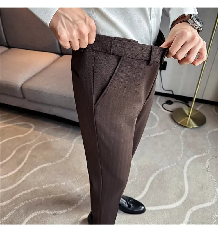 Pantaloni Da Abito Inverno In Lana Spessa Con Vita Elastica Gessati E Tinta Unita Per Uomo