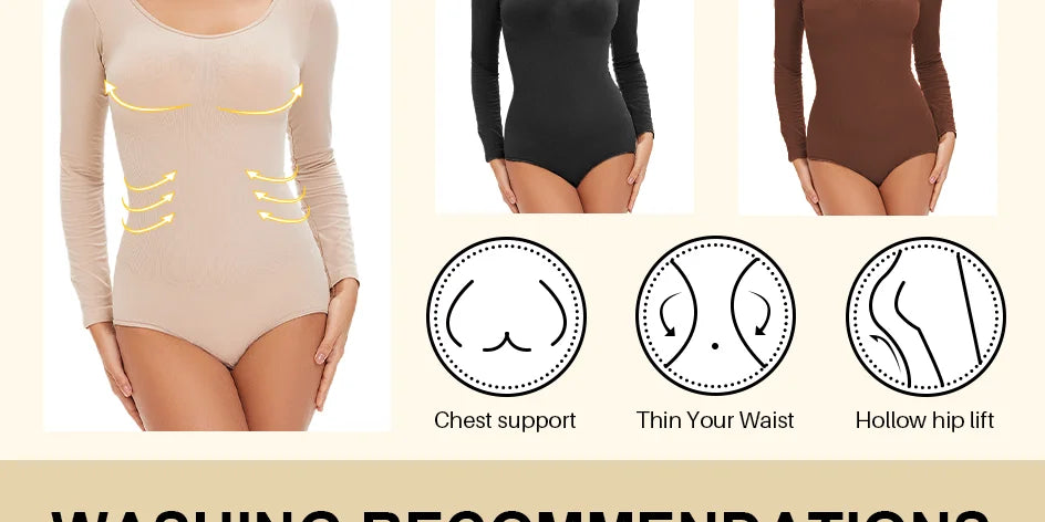 Pokarla Body Suit Spandex Elastico Shapewear Donna Controllo Pancia Manica Lunga Cavallo Aperto Girocollo Shaper
