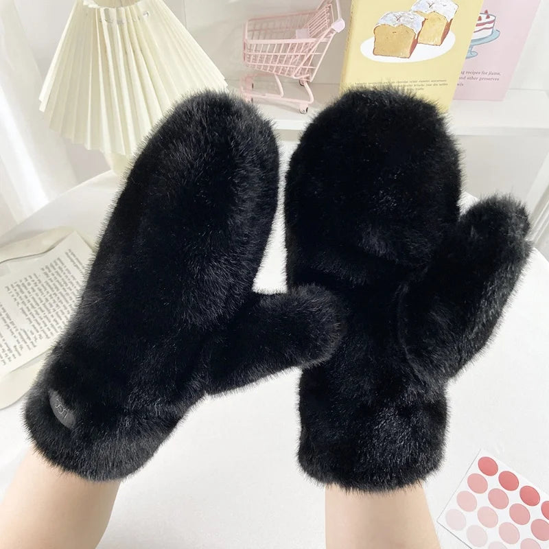 Guanti In Pelliccia Imitazione Coniglio Donna Invernali Antivento Caldi Peluche Spessi Morbidi Con Cashmere Dita Intere