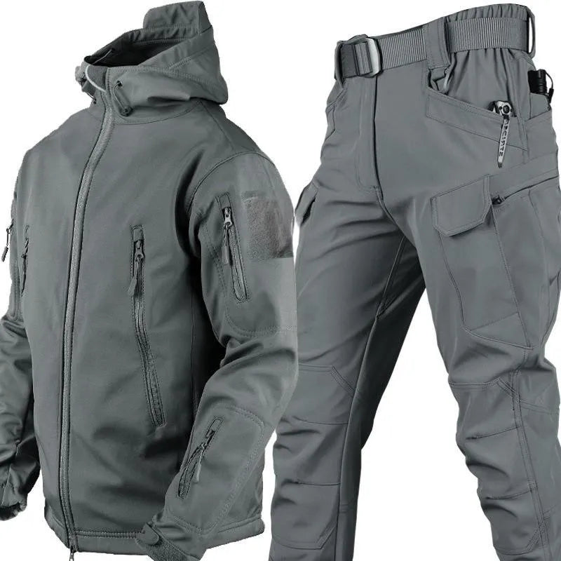 Completo Tattico Mimetico Uomo Giacca Impermeabile Con Cappuccio Zip Pantaloni Softshell Militari Tuta Invernale Pile
