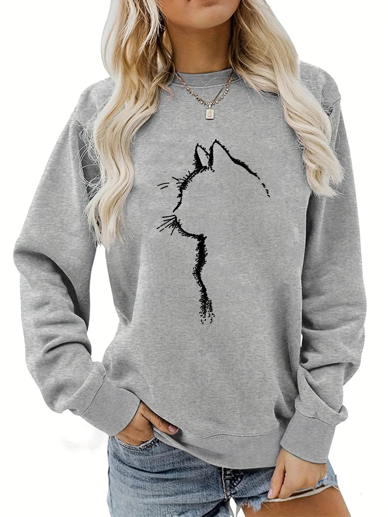 Pullover da Donna Autunno Inverno Casual Ampio con Motivo Gatto Caldo Stampato Girocollo a Maniche Lunghe