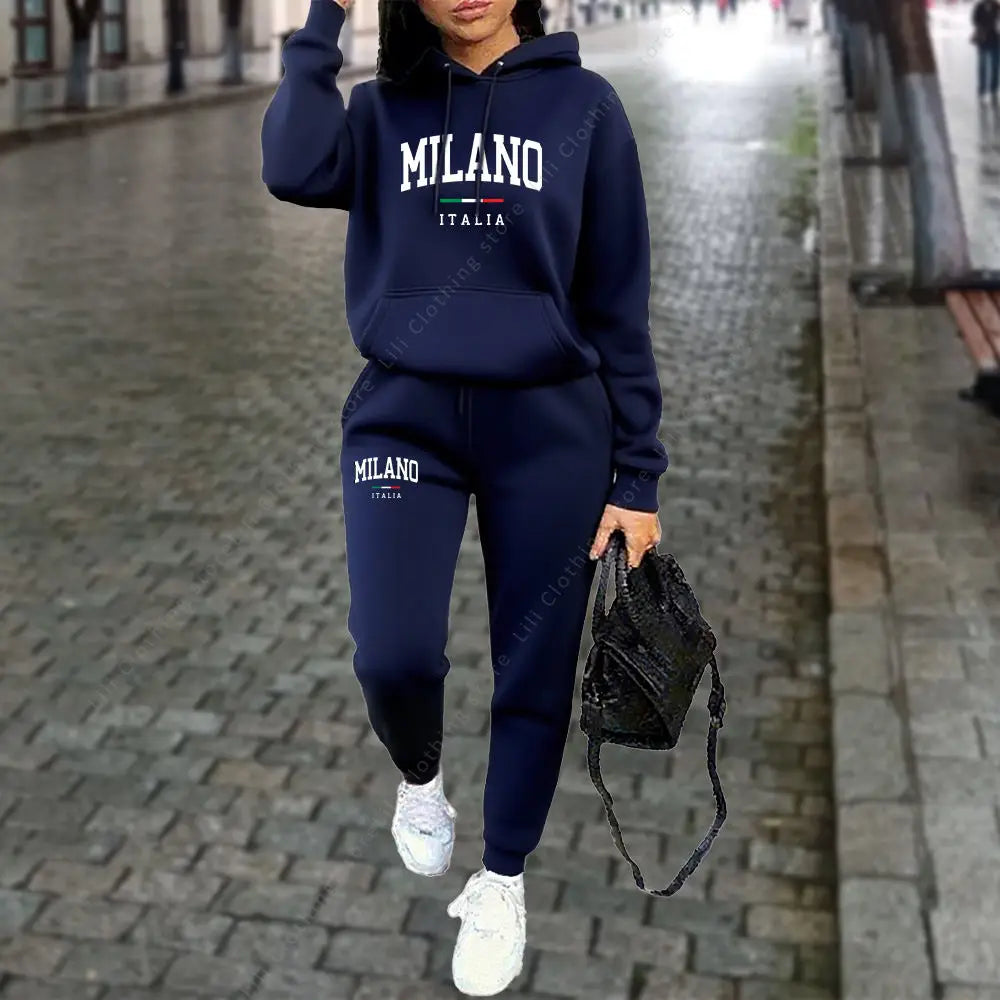 Tuta Da Donna 2 Pezzi Autunno Inverno Set Con Cappuccio Pantaloni Stampa Lettera Milano Estetica Sportiva
