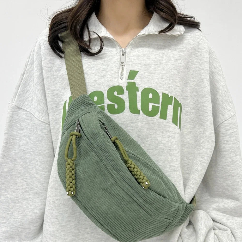 Marsupio da Donna in Velluto a Coste di Grande Capacità Borsa da Petto Stile Street Borsa a Tracolla Cintura Casual