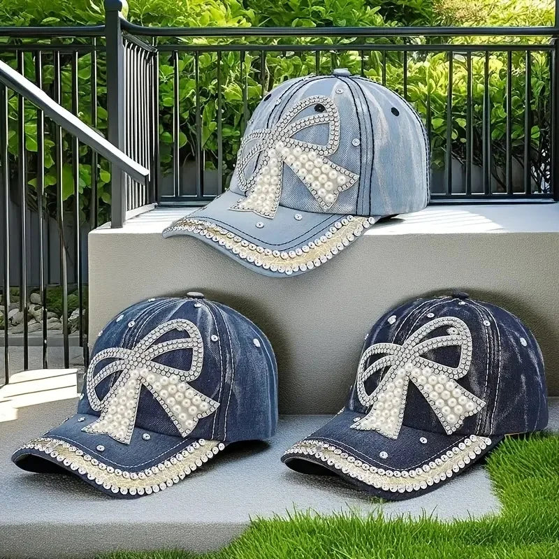 Berretti Baseball Denim Regolabili Protezione Solare Fiocco Perle Cuciture Diamante Fatto a Mano Cappelli Versatili